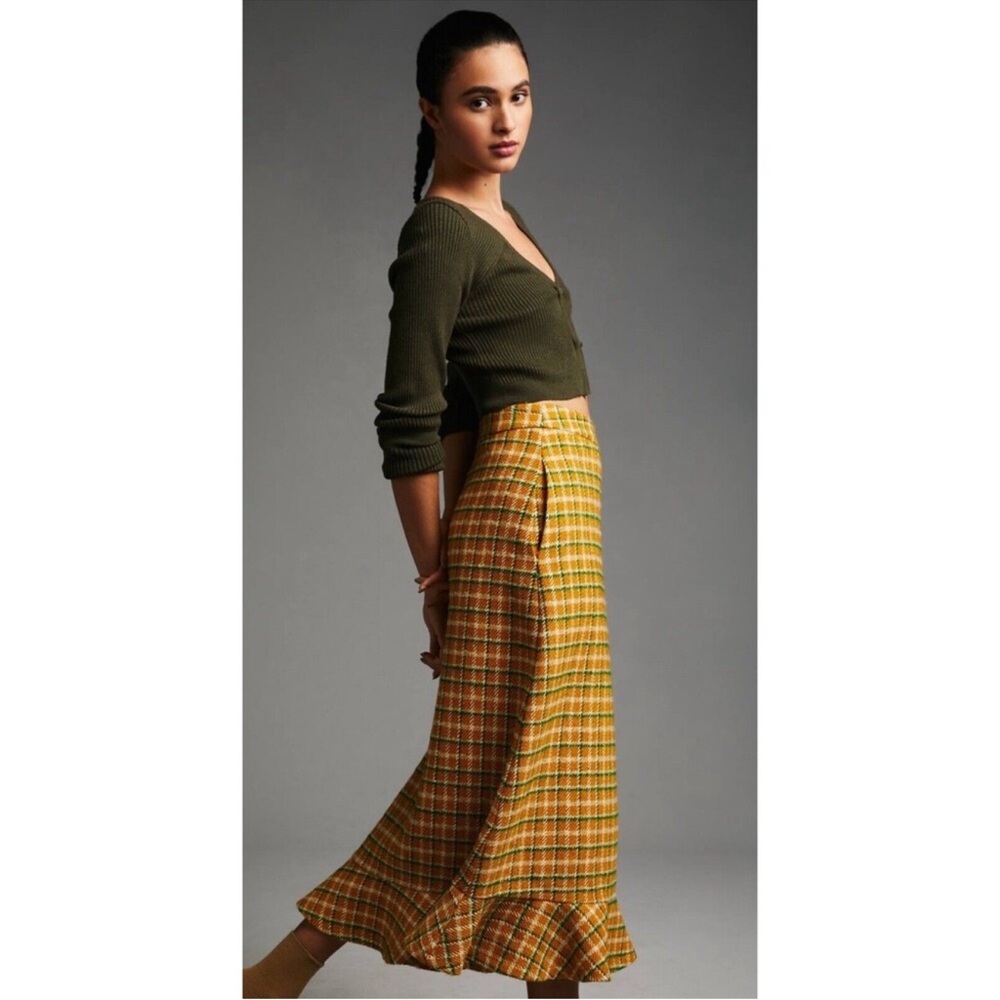 Anthropologie Yellow Plaid Midi Skirt - Picture 2 of 7